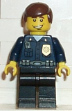 LEGO wc009 Police - World City Patrolman, Dark Blue Shirt with Badge and Radio, Black Legs, Brown Male Hair, Smile
